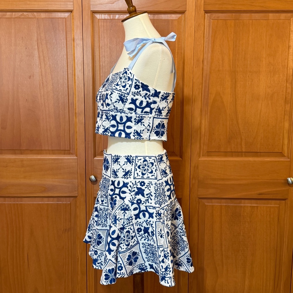 Anthropologie Maeve Blue and White Embroidered Tile Print Skirt & Crop Top Set - Picture 4 of 16